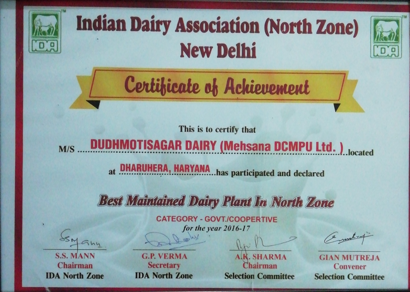 Certificate of Best Maintained Dairy Plant in the North Zone